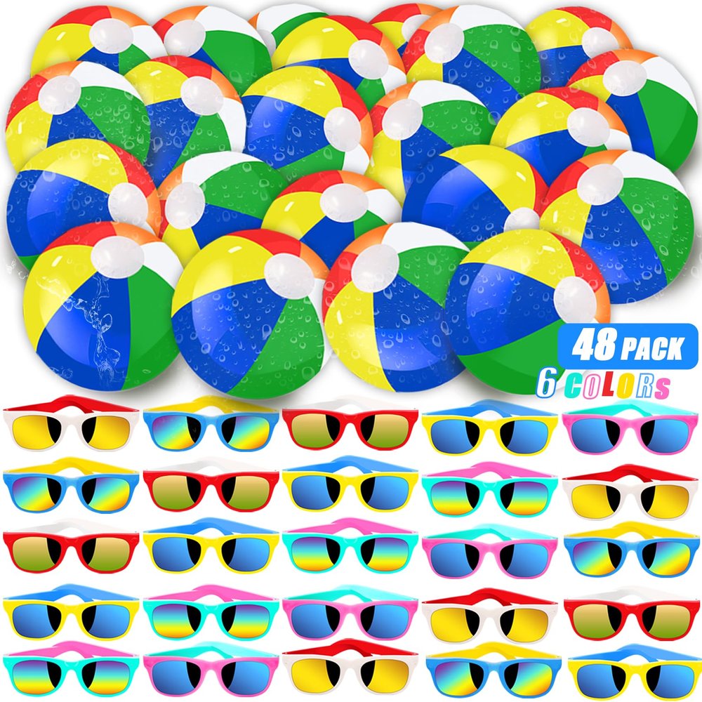 48 Pieces Summer Sunglasses Beach Balls Bulk Party Favors for Kids 24Pack Neon Sunglasses 24Pack Beach Balls Kid Boys Girls Graduation Party Supplies for Beach Day Pool Party Favors Goodie Bag Favors