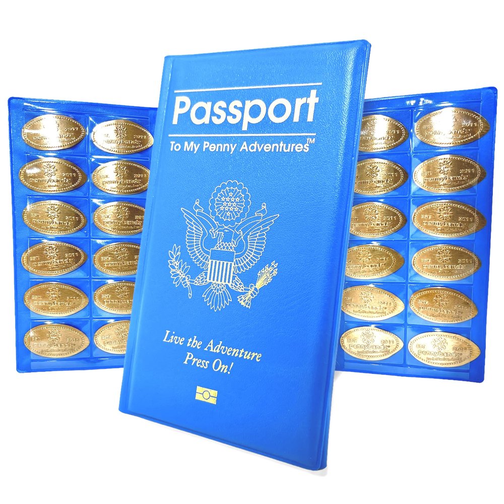 Pennybandz Penny Passport to My Penny Adventures - Pressed Penny Souvenir Collecting Book - Holds 48 Coins - Vegan Leather - Every Book Ordered Comes with a Mystery Penny as a Gift (Sky Blue)