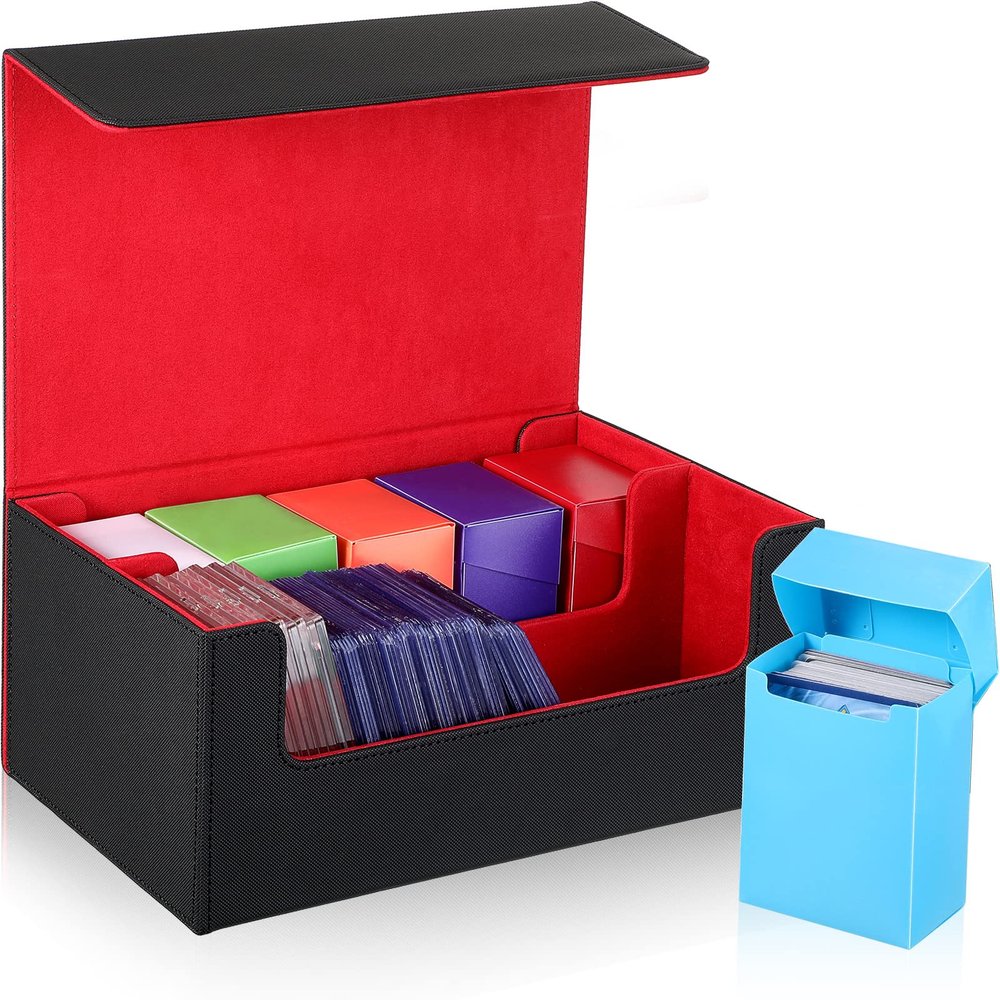 Yexiya 7 Pcs Deck Card Boxes, 1 Leather Deck Storage Case with 6 Plastic Trading Card Storage Box for Playing Mtg Tcg(Black, Red)