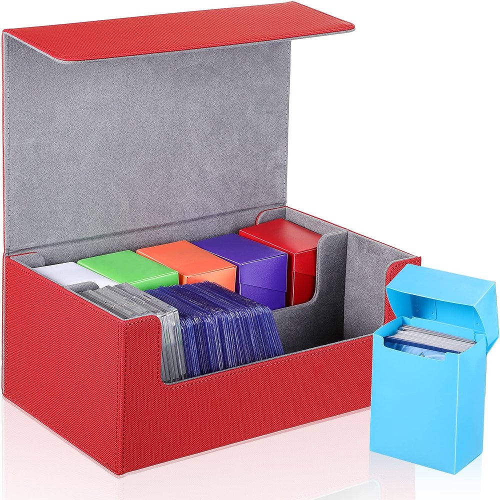 Yexiya 7 Pcs Deck Card Boxes, 1 Leather Deck Storage Case with 6 Plastic Trading Card Storage Box for Playing Mtg Tcg(Red, Gray)