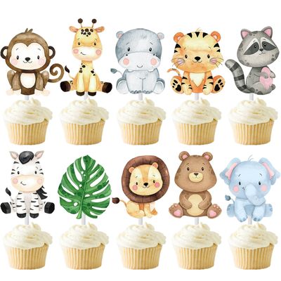24pcs Jungle Animals Party Cupcake Toppers Decorations Jungle Safari Animal Theme Party Supplies for Zoo Wild Animal Birthday Baby Shower Supplies