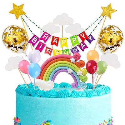 Xihuimay 17pcs Cake Topper Set - Happy Birthday Banner, Latex Balloons, Handmade Cupcake Toppers with Colorful Rainbow Clouds, Stars & Picks for Boys & Girls Parties