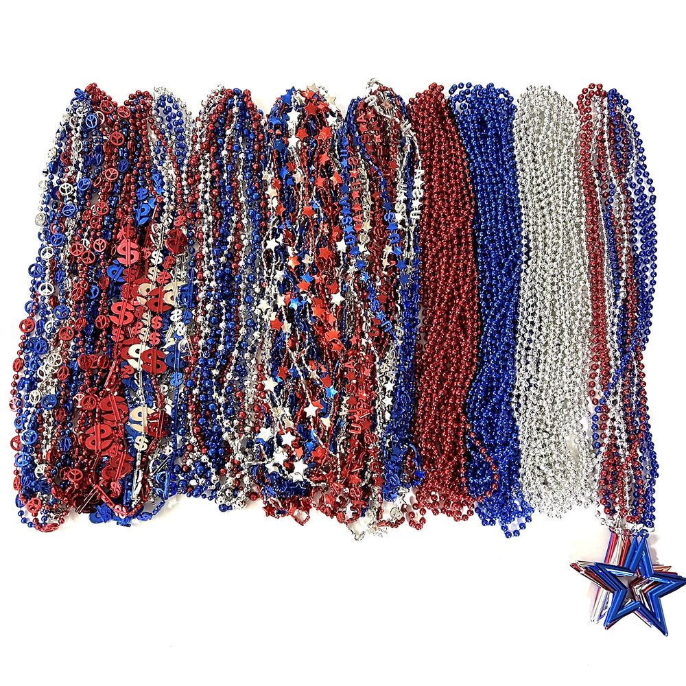 YSPPF 108 Pcs 4th of July Beads Necklace Bulk Red White Bule Independence Day Patriotic Star Necklaces Parade Decorations