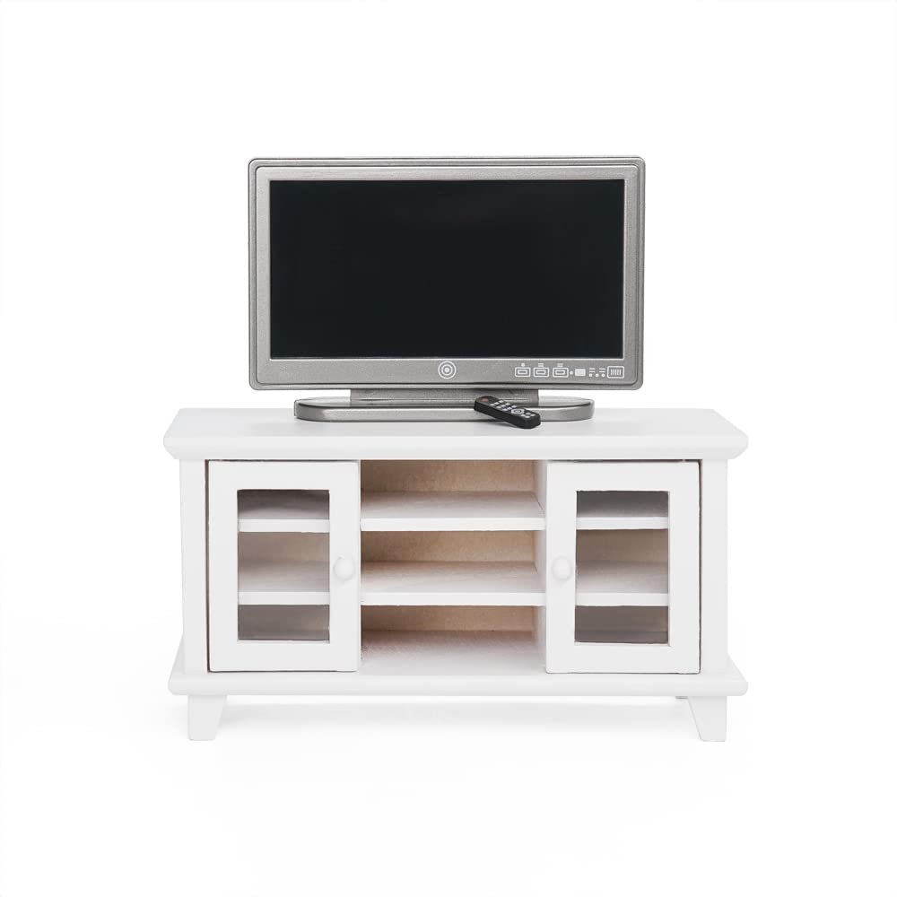 Odoria 1/12 Miniature TV Stand with Television and Remote Dollhouse Furniture Accessories, White