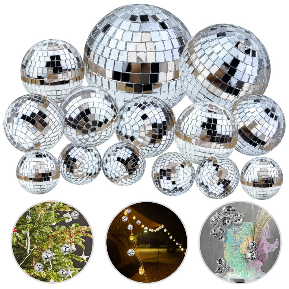 14 PCS 1.18inch 1.57inch 1.97inch 2.36inch Disco Ball Cake Decoration Ornaments Reflective Mirror Ball Cake Decoration 70s Disco Themed Party Christmas Tree Decoration