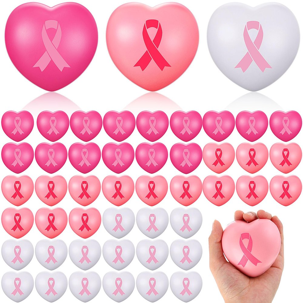Wettarn 24 Pcs 2.8 Inch Breast Cancer Awareness Pink Ribbon Stress Balls Gifts Bulk for Breast Awareness Gifts Accessories Stress Relief Decorations for Women (Heart Style)