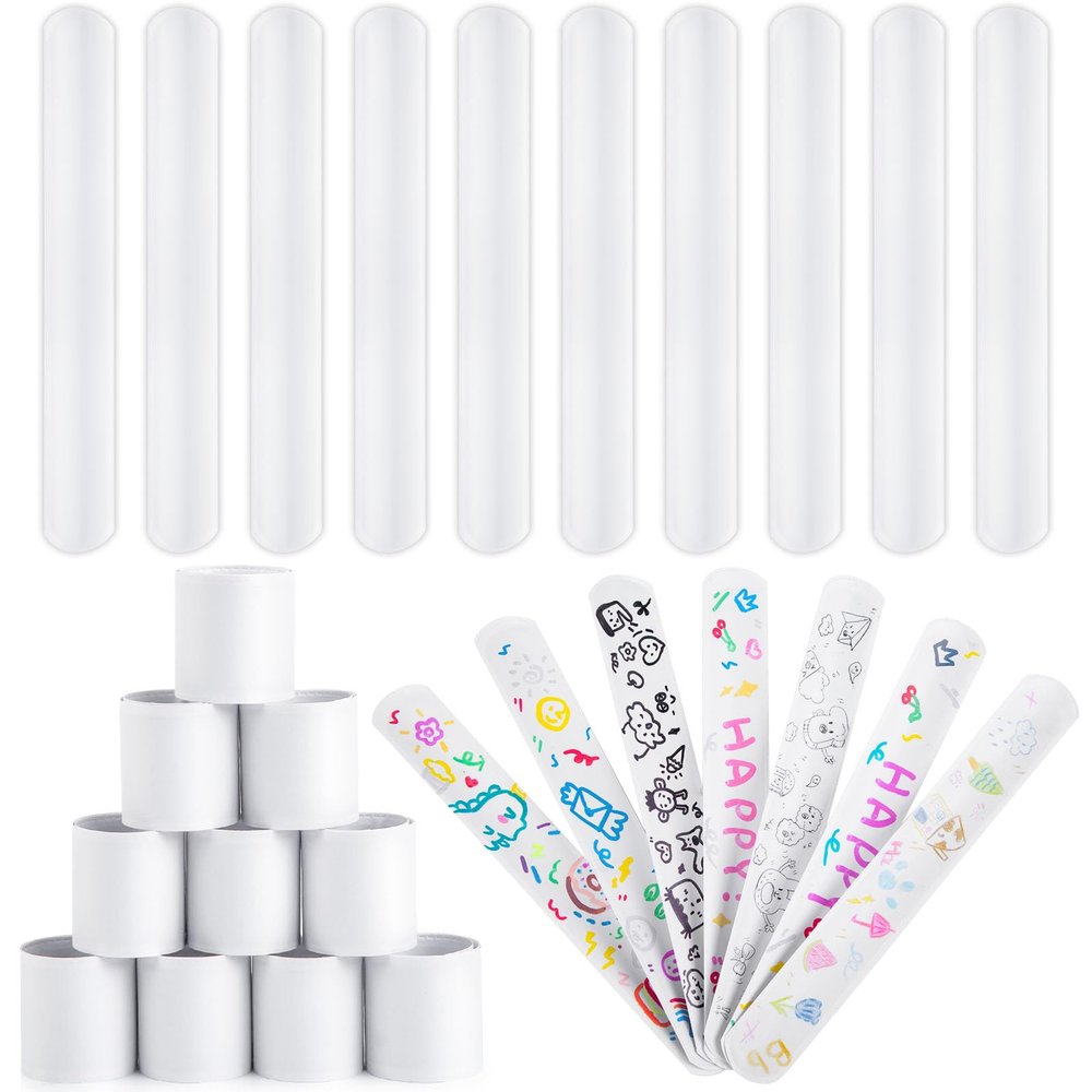 AMOR PRESENT Slap Bracelets Bulk, 64PCS White Slap Bracelets DIY Wrist Band Blank Snap Band for Kids Birthday Party Favors School Crafts Christmas Halloween Party Bag Fillers
