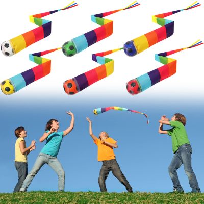 Leyndo 6 Pcs Throw and Catch Ball with Tails Colorful Sport Theme Throwing Play Balls Playground Sport Game Indoor Outdoor Boys Girls Throwing Activities, 25.59'' Long(Soccer)
