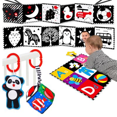 4 PCS Black and White High Contrast Baby Toys 0-3-6 Months Newborn Essential Toy for Babies Crinkle Sensory Book Brain Development Tummy Time Mirror Infant Carseat Rattle Christmas Stocking Stuffer