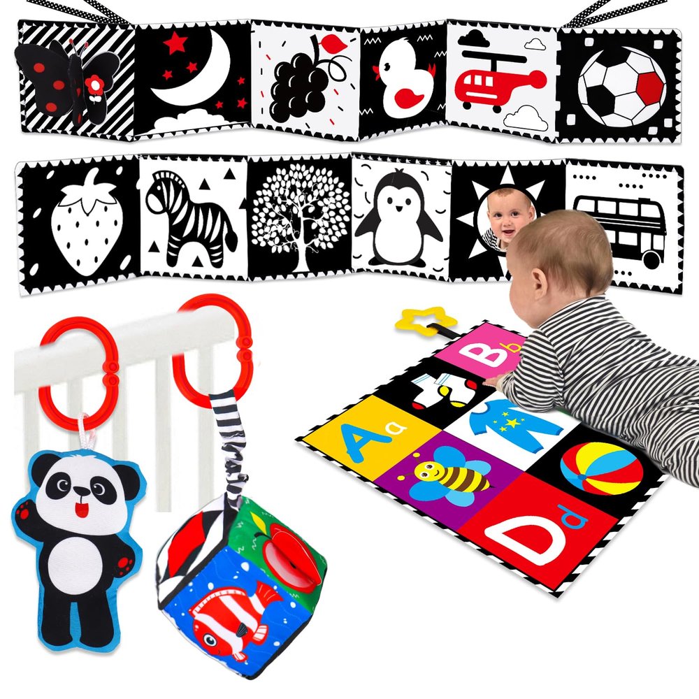 4 PCS Black and White High Contrast Baby Toys 0-3-6 Months Newborn Essential Toy for Babies Crinkle Sensory Book Brain Development Tummy Time Mirror Infant Carseat Rattle Christmas Stocking Stuffer