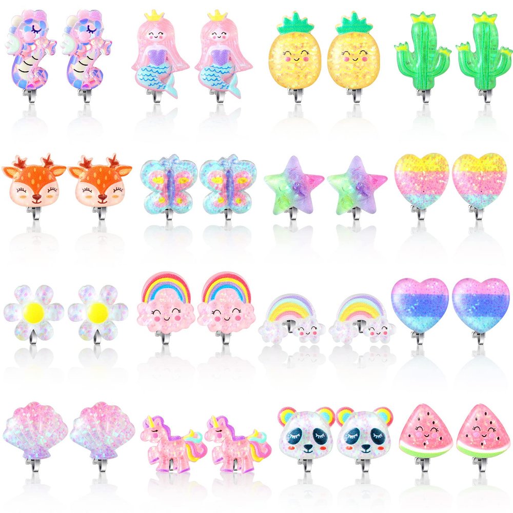 Bonuci 16 Pairs Kids Clip on Earrings for Girls,Cute Style