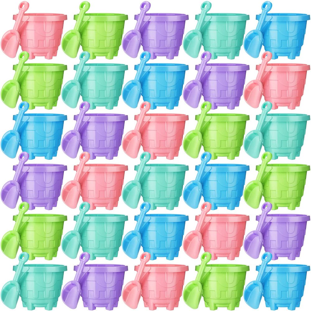 Sosation 100 Pcs Sand Buckets Bulk for Kids Easter Sand Buckets and Shovels for Kids 5.5 Inch Plastic Beach Pails Toys for Girls Boys Gift Party Favor, 5 Assorted Colors(Bright Color)