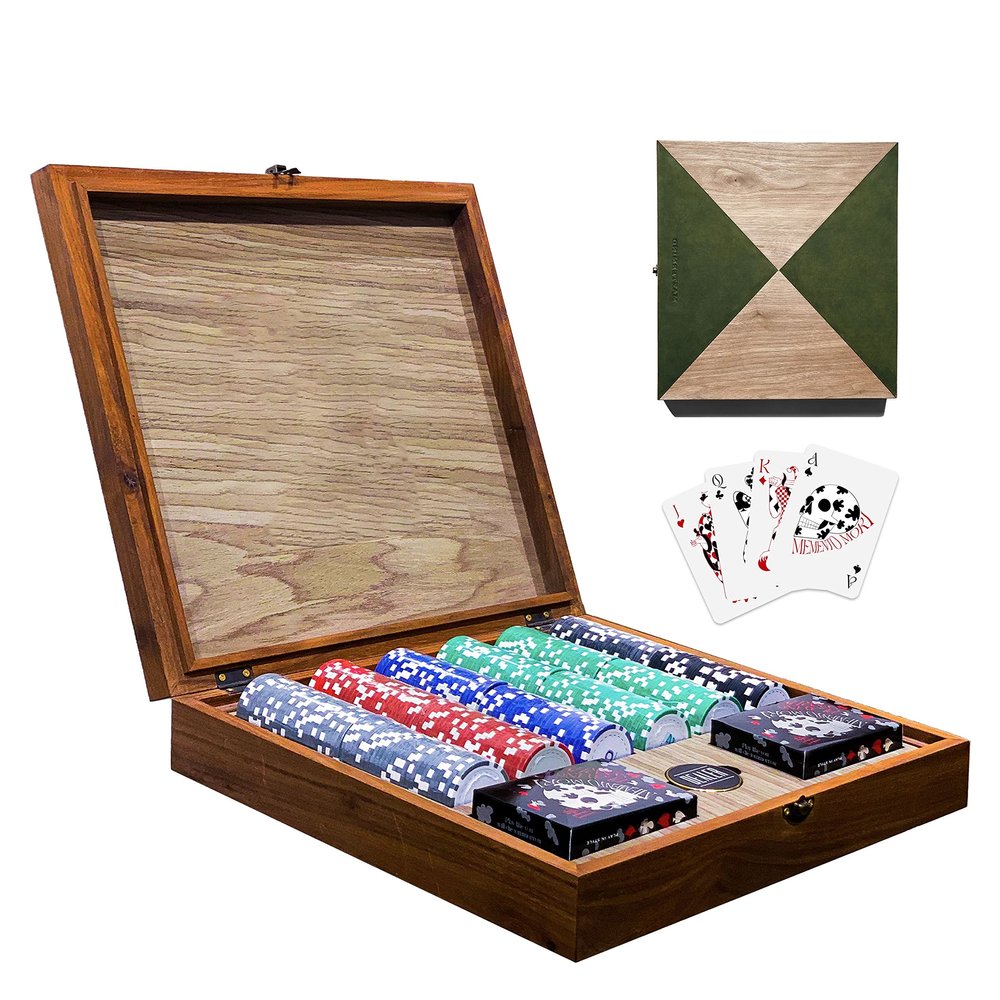 Bowtie Wooden Poker Set with Playing Card Gift, Professional 300 Weighted Poker Chips with Walnut Wood Case, Unique Poker Gift for Texas Hold'em, Blackjack, Casino Gambling, Memento Mori