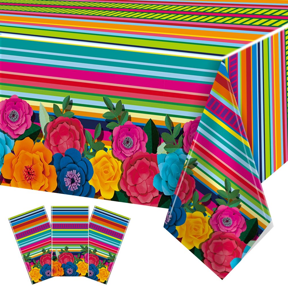3 Pieces Mexican Fiesta Party Supplies Mexican Theme Tablecloths Fifth of May Table Covers Mexican Floral Stripes Tablecover for Happy Birthday Taco Weddings Baby Shower Party Favors Decorations