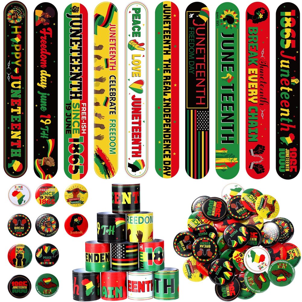 Frienda 60 Pcs Juneteenth Party Favors June 19th Slap Bracelets and Badge Pins for Kids Freedom Day Party Supplies Bulk Snap Wristbands for 1865 Party Gifts Black American Independence Day Decor