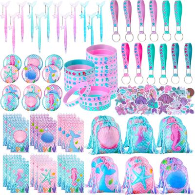 Sherr 140 Pcs Mermaid Party Favors Gift Bags for Girls Birthday Decorate Supplies Include Drawstring Bags Silicone Bracelets Keychains Pens Stickers Notebooks Stuffers (Mermaid)