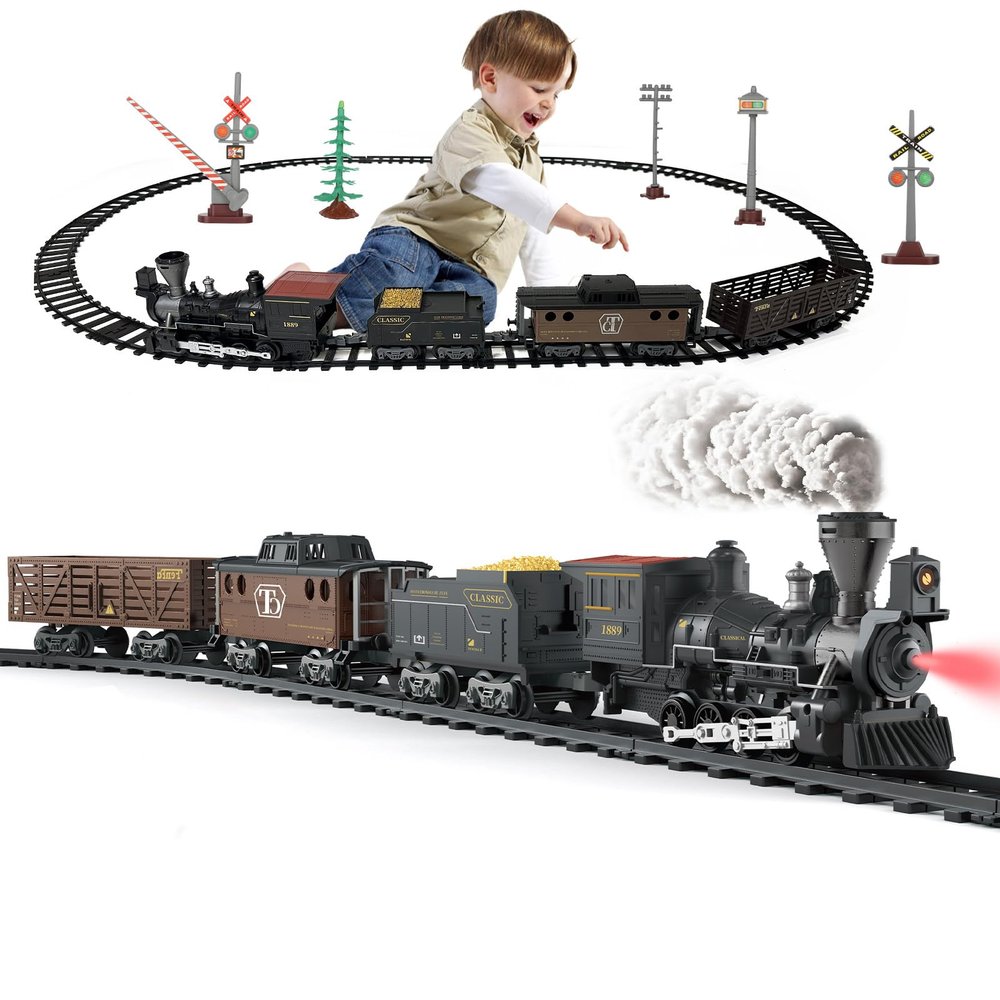 Classic Model Train Set Toy with Steam and Sound, Electric Train for Under The Trees, Cargo Car for Boys & Girls 3 4 5 6 7 Years