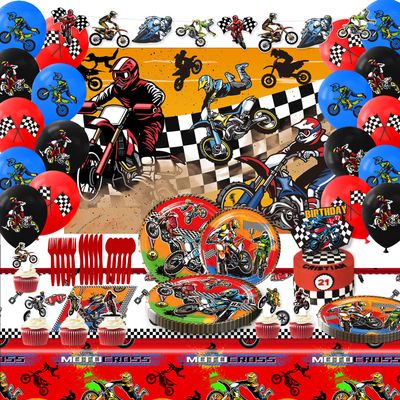 Heidaman Dirt Bike Party DecorationsDirt Bike Birthday Decorations For BoysMotorcycle Birthday Decorations,Set Included Banner Backdrop Tablecloth Balloon Cake Toppers Cupcake Toppers 7 "Plate 9"