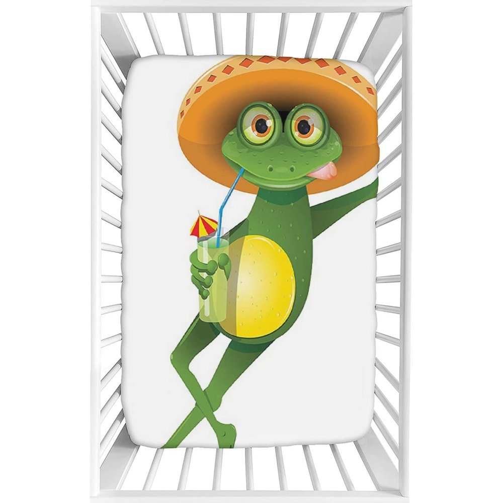 Decorative Crib Sheet,Cartoon Fitted Microfiber Baby & Toddler Universal Crib Sheets,28"x 52"x 8",Frog in Sombrero and Cocktail Print Crib Sheet Set, for Standard Crib and Toddler Mattresses