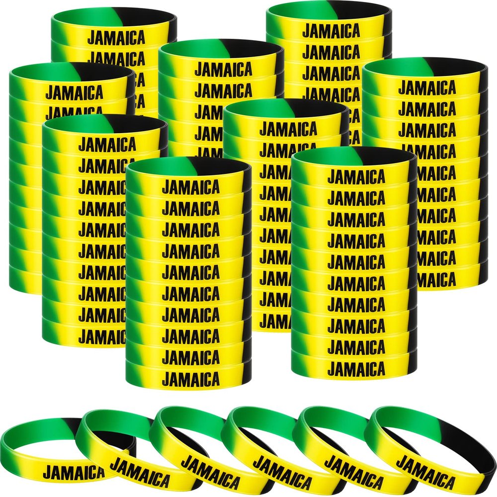 Leitee 100 Pcs Jamaican Silicone Bracelet Bulk Black Yellow Green Jamaican Country Flag Rubber Wristband for Men Women Birthday Party
