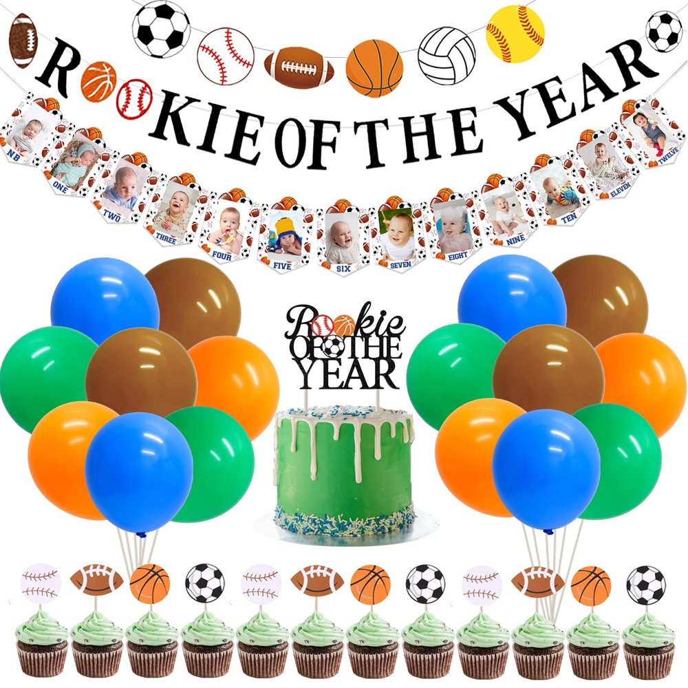Sursurprise Sports 1st Birthday Decorations Rookie of the Year Banner Cake Topper All Star Monthly Photo Banner Garland Balloons for Boys First Birthday Party Supplies