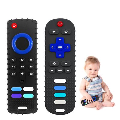 ROBBEAR Baby Teething Toys, Food Grade Silicone Teethers for Babies 3 6 12 18 Months, Fire TV Remote Shape Infant Chew Toys for Boys and Girls, Freezer BPA Free (Black+Black)