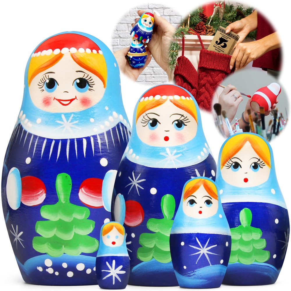 Russian Christmas Nesting Dolls Set of 5 pcs - Matryoshka Doll with Snow Maiden Figurines - Snegurochka Christmas Decorations