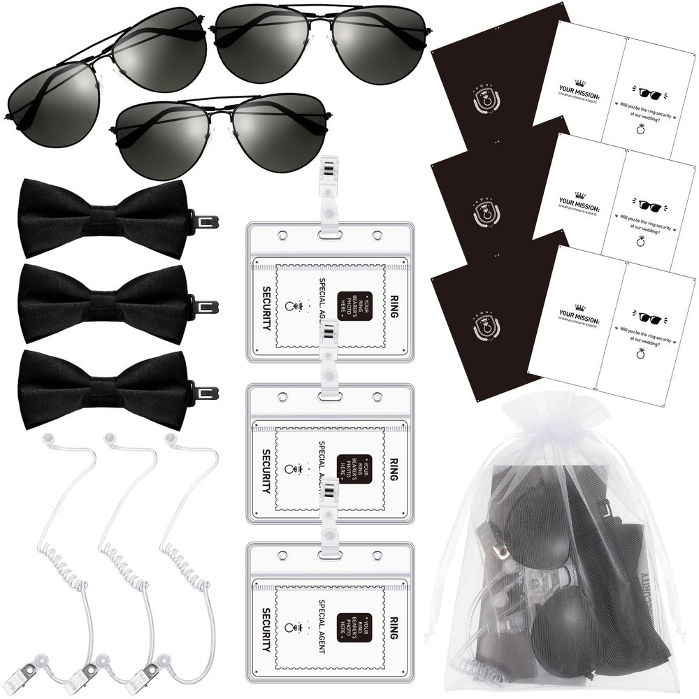 Mepase 18 Pcs Ring Bearer Gifts Ring Wedding Bearer Security Include Proposal Bow Tie, Security Badge, Sunglasses, Earpiece Card and Organza Bags for Police Secret Service Costume
