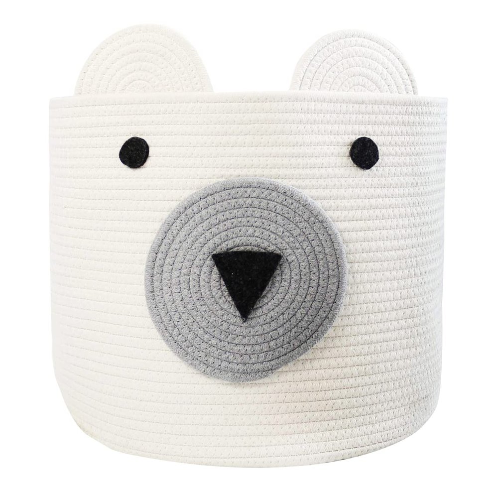 Homearda Foldable Woven Laundry Basket with Cute Bear Design - Large Capacity Decorative Organizer for Toys, Blanket, Towels, Clothes - White (16D x 14H inch)