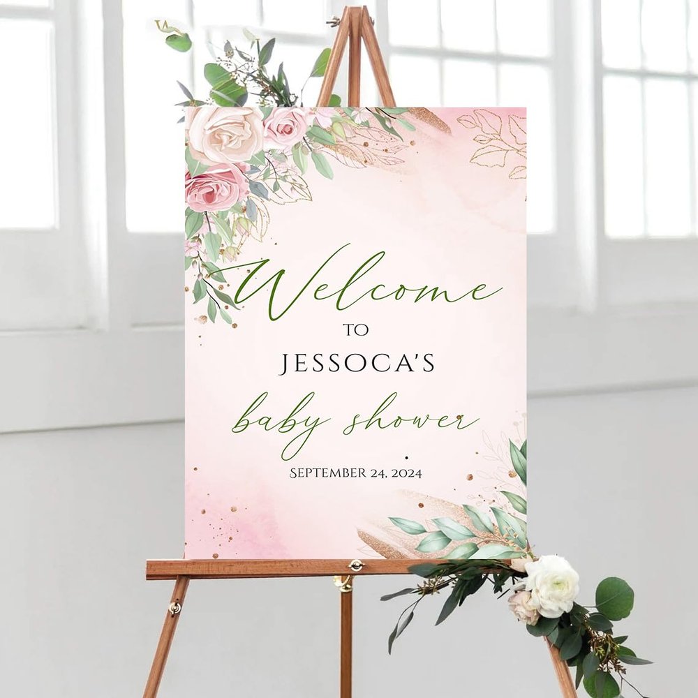 GLAVICY Personalized Baby Shower Welcome Sign, Custom Baby Shower Sign, Baby Shower Decorations, Greency Baby Shower Sign, Plastic Sign Weatherproof, Printed Front & Back Options and Stand Option #6