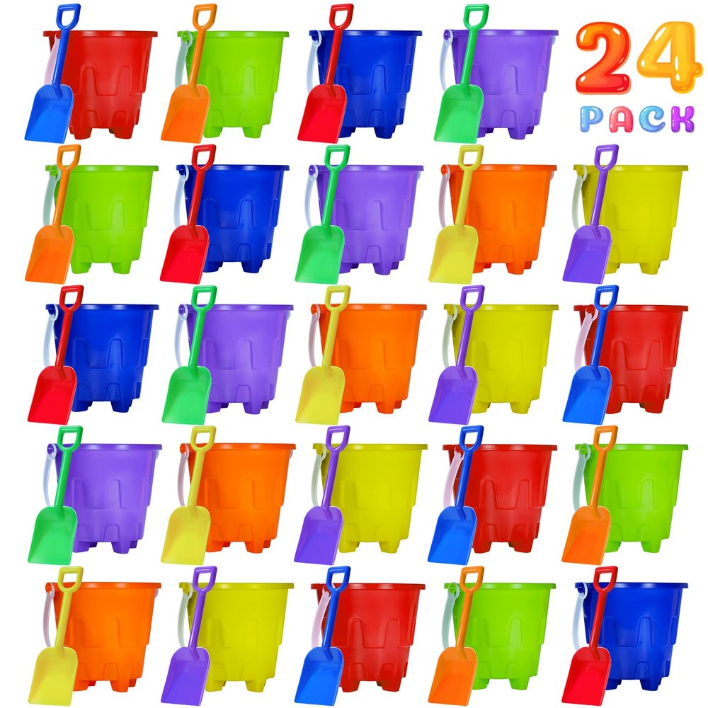 Qiuyanbo 5 Inch Sand Castles Beach Buckets and Shovel Set,Sand Bucket Water Bucket for Beach Fun Great Summer Party Accessory24 Shovels and 24 Pail Buckets