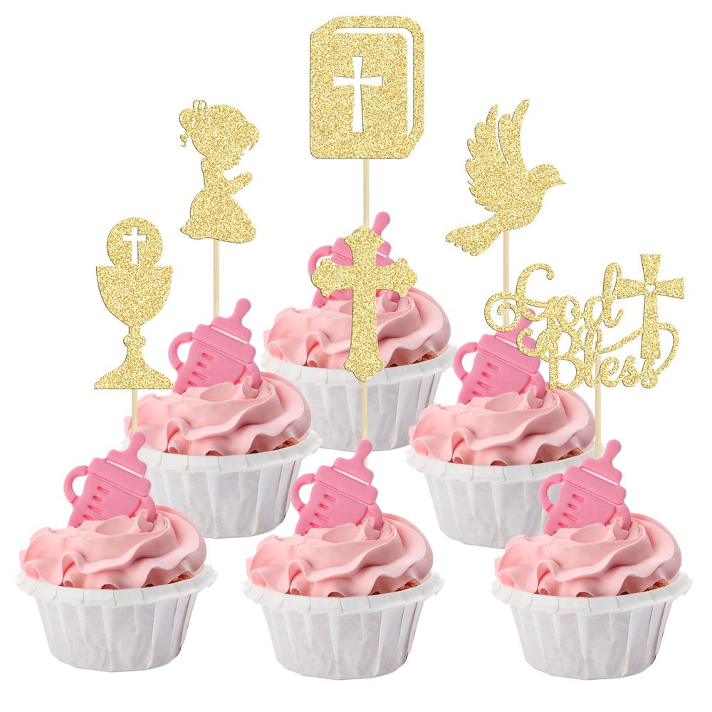 Gyufise 24Pcs Girl God Bless and Baptism Cupcake Toppers Glitter Dove Chalice Bible Cross Cupcake Picks First Communion Christian Baptism Theme Baby Shower Girls Birthday Party Cake Decorations Gold