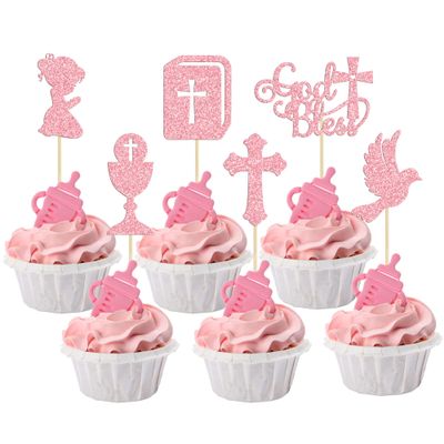 Gyufise 24Pcs Girl God Bless and Baptism Cupcake Toppers Glitter Dove Chalice Bible Cross Cupcake Picks First Communion Christian Baptism Theme Baby Shower Girls Birthday Party Cake Decorations Pink