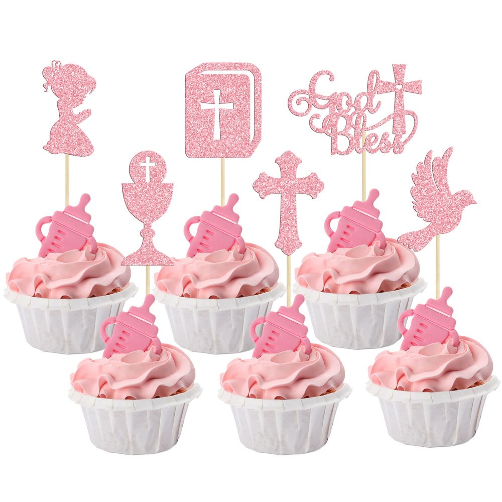 Gyufise 24Pcs Girl God Bless and Baptism Cupcake Toppers Glitter Dove Chalice Bible Cross Cupcake Picks First Communion Christian Baptism Theme Baby Shower Girls Birthday Party Cake Decorations Pink