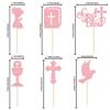 Gyufise 24Pcs Girl God Bless and Baptism Cupcake Toppers Glitter Dove Chalice Bible Cross Cupcake Picks First Communion Christian Baptism Theme Baby Shower Girls Birthday Party Cake Decorations Pink view 2