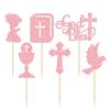 Gyufise 24Pcs Girl God Bless and Baptism Cupcake Toppers Glitter Dove Chalice Bible Cross Cupcake Picks First Communion Christian Baptism Theme Baby Shower Girls Birthday Party Cake Decorations Pink view 3