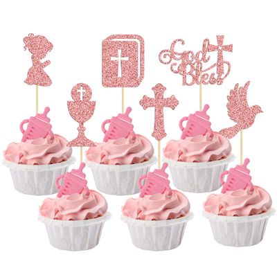 Gyufise 24Pcs Girl God Bless and Baptism Cupcake Toppers Glitter Dove Cross Cupcake Picks First Communion Christian Baptism Theme Baby Shower Girls Birthday Party Cake Decorations Supplies Rose Gold