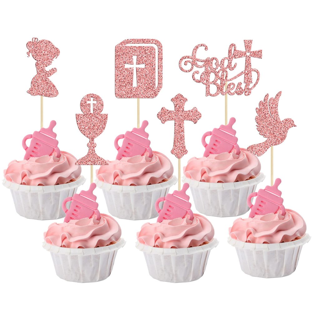 Gyufise 24Pcs Girl God Bless and Baptism Cupcake Toppers Glitter Dove Cross Cupcake Picks First Communion Christian Baptism Theme Baby Shower Girls Birthday Party Cake Decorations Supplies Rose Gold