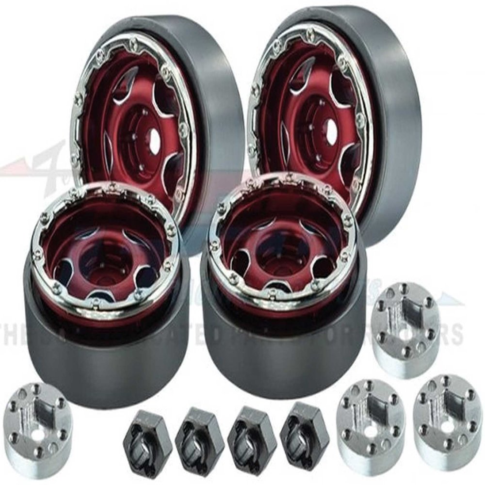 Aluminum 1.0 Inch Alloy Beadlock Wheel Rims Set (Star) for Traxxas 1:18 TRX4M Ford Bronco / TRX4M Land Rover Defender/Axial 1:24 SCX24 Deadbolt / SCX24 Jeep Wrangler Upgrades - Red