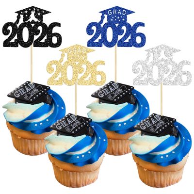 Gyufise 24Pcs 2026 Graduation Theme Cupcake Toppers Glitter Class of 2026 Graduation Cap Diploma Cupcake Picks 2026 Grad Theme Party Cake Decorations Supplies Multicolor