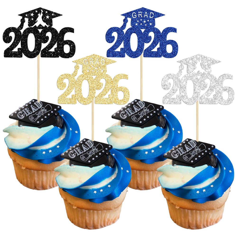 Gyufise 24Pcs 2026 Graduation Theme Cupcake Toppers Glitter Class of 2026 Graduation Cap Diploma Cupcake Picks 2026 Grad Theme Party Cake Decorations Supplies Multicolor