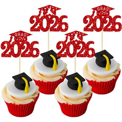 Gyufise 24Pcs Graduation Cupcake Toppers 2026 Red Glitter Class of 2026 Graduation Cupcake Topper Decorations Diploma Grad Cap Cake Toppers Picks for Graduation Party Decorations 2026