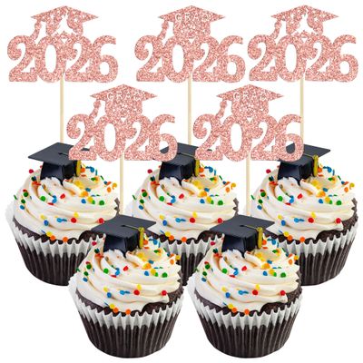 Gyufise 24Pcs 2026 Graduation Cupcake Toppers Glitter Diploma Grad Cap Cupcake Picks Graduation Cap 2026 Cake Decorations for 2026 Grad Theme Party Decorations Supplies Rose Gold