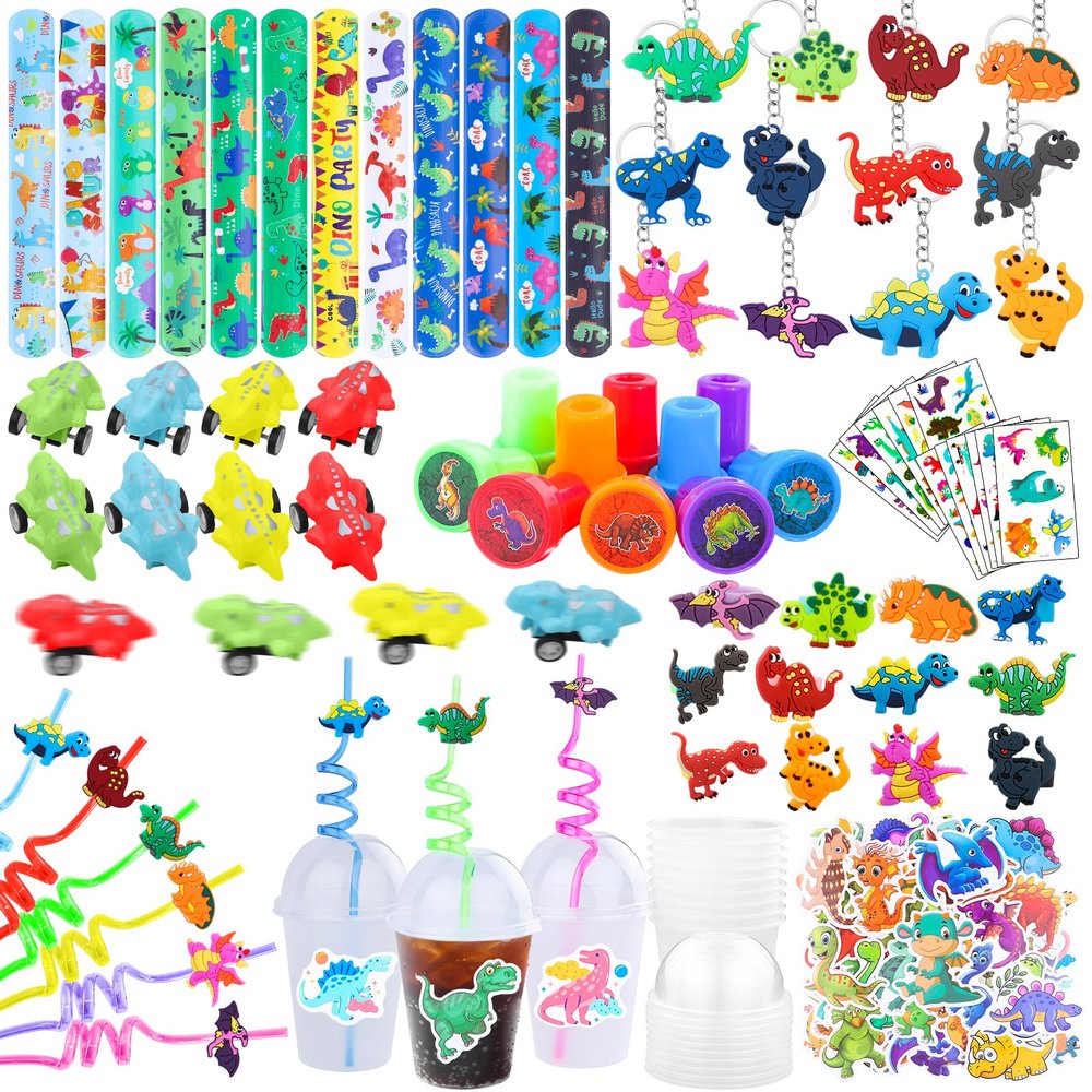 194Pcs Dinosaur Party Favors for Boy Kids Dinosaurs Slap Bracelet Tattoos Keychains Stamper for Dinosaur Theme Party Favor Birthday Party Goodie Bag Fillers