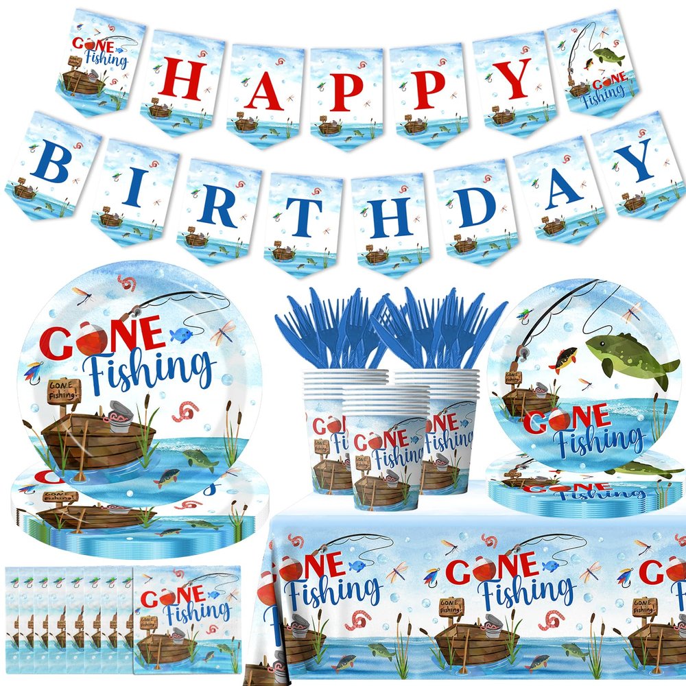 142 Pcs Gone Fishing Tableware,Fishing Birthday Party Decoration Little Fisherman Gone Fishing Themed Disposable Tablecloth,Plates,Napkins Cups Forks and Knives Supplies of Fishing Birthday Party