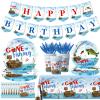 142 Pcs Gone Fishing Tableware,Fishing Birthday Party Decoration Little Fisherman Gone Fishing Themed Disposable Tablecloth,Plates,Napkins Cups Forks and Knives Supplies of Fishing Birthday Party view 1