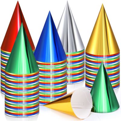 Geosar 300 Pcs Colorful Birthday Party Hats Bulk with Elastic String Cone Metallic Foil Paper for Adults Kids Boys Girls Pets