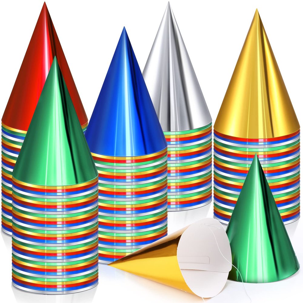 Geosar 300 Pcs Colorful Birthday Party Hats Bulk with Elastic String Cone Metallic Foil Paper for Adults Kids Boys Girls Pets