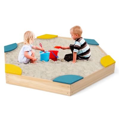 GLACER Hexagonal Wooden Sandbox with Seats, Outdoor Kids Wood Sand Box with 6 Corner Seats, Backyard Bottomless Sandpit for Kids Aged 3+, Multi-Color