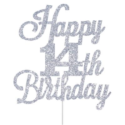 Happy 14th Birthday Cake Toppers Silver Glitter, Cheers to 14 Years Old Bday Decoration 14th Anniversary Cake Topper, Fourteen Theme Cake Decorations for Birthday Anniversary Party